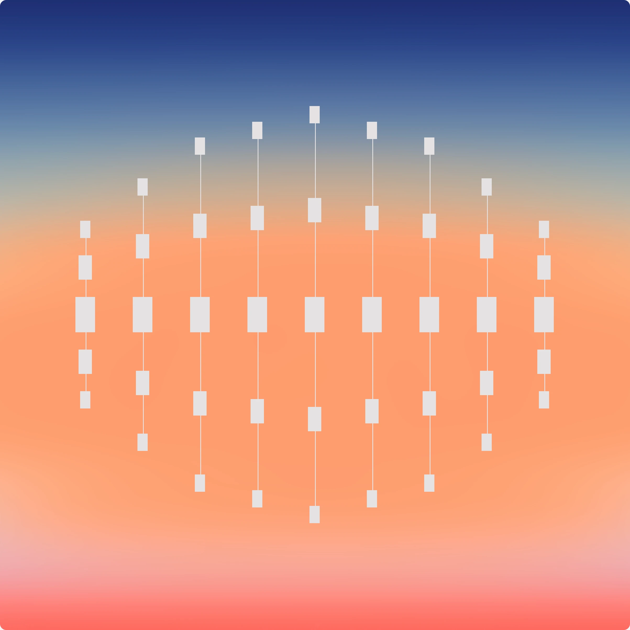 Columns of points converging over a sunset gradient